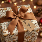 Gingerbread man Christmas wrapping paper with a brown ribbon and "For You" gift tag by Wrapped Studios.