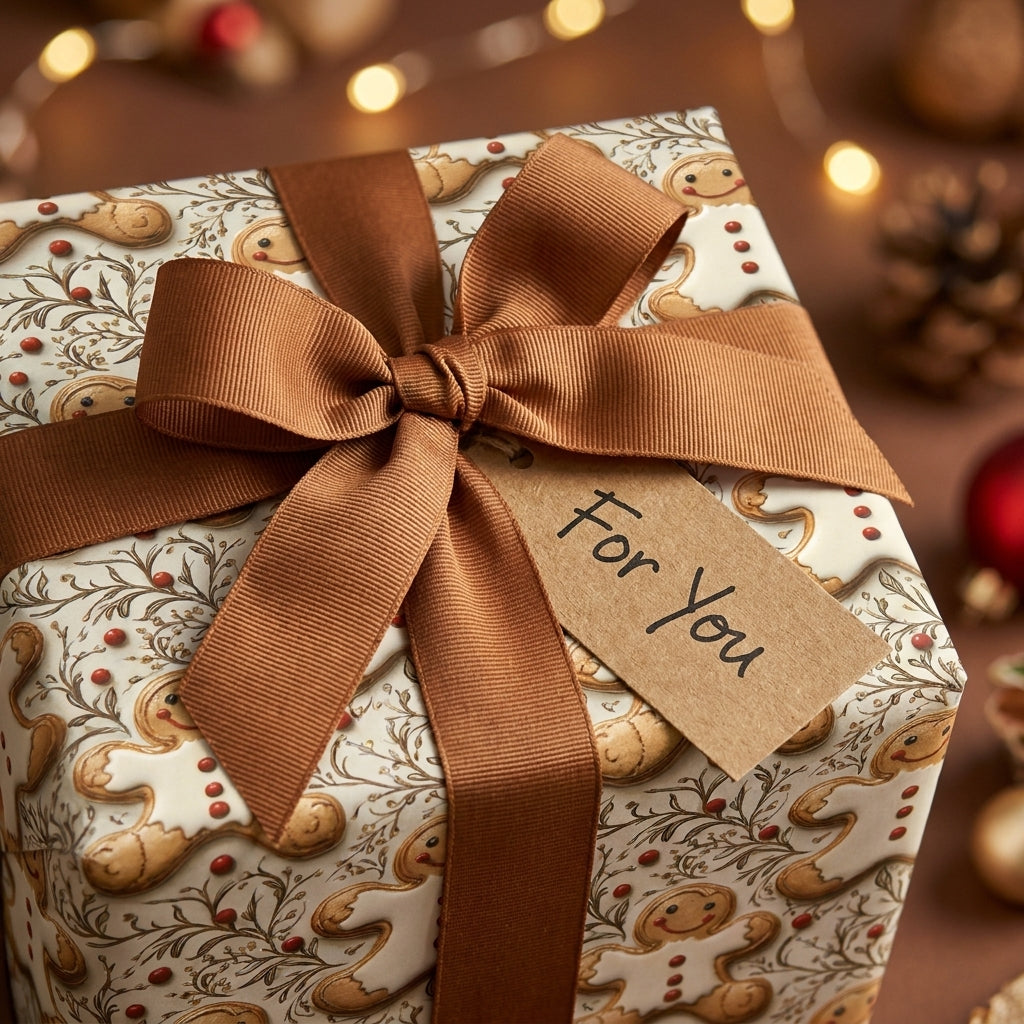 Gingerbread man Christmas wrapping paper with a brown ribbon and "For You" gift tag by Wrapped Studios.