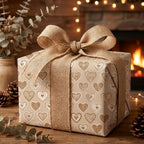 Rustic heart wrapping paper with a burlap bow by Wrapped Studios, set by a cozy fireplace.