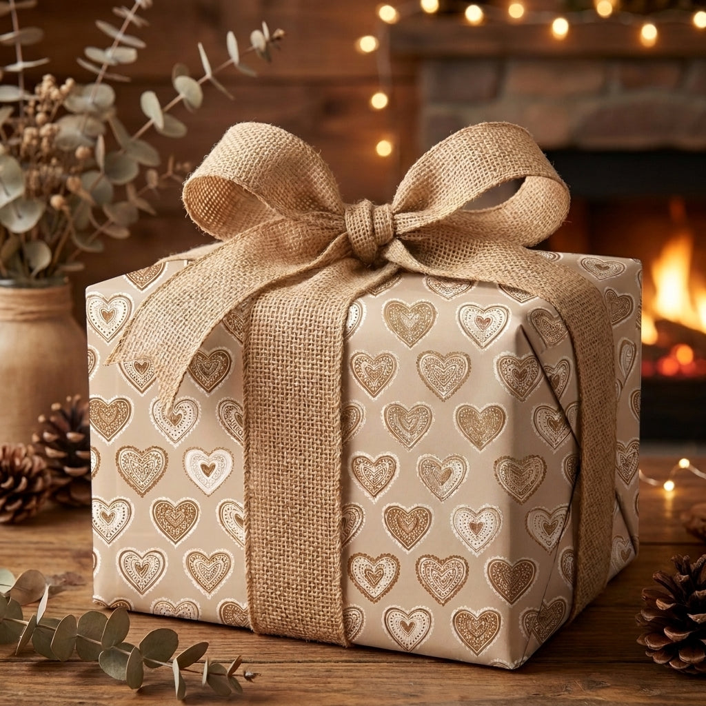 Rustic heart wrapping paper with a burlap bow by Wrapped Studios, set by a cozy fireplace.