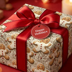 Gingerbread man Christmas wrapping paper with a red satin bow and holiday tag by Wrapped Studios.