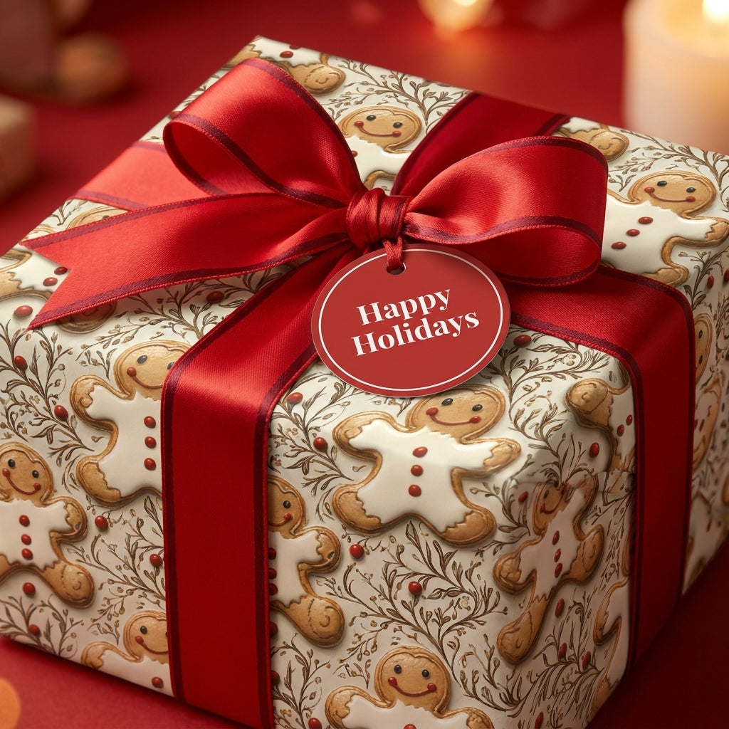 Gingerbread man Christmas wrapping paper with a red satin bow and holiday tag by Wrapped Studios.