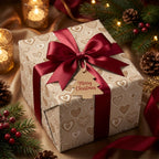 Luxury Christmas gift wrap with a heart pattern, red satin bow, and gift tag by Wrapped Studios.