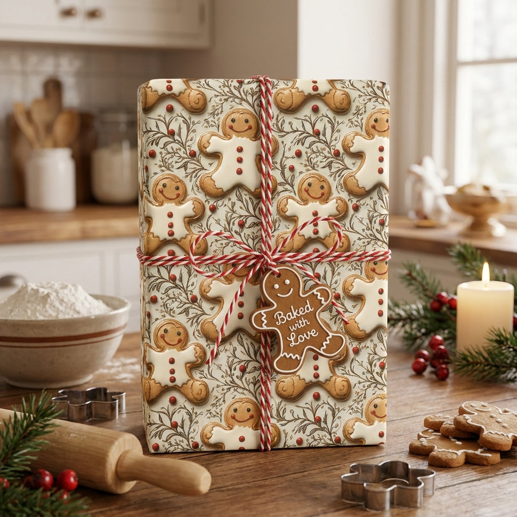 Gingerbread cookie Christmas gift wrap tied with red baker's twine by Wrapped Studios.