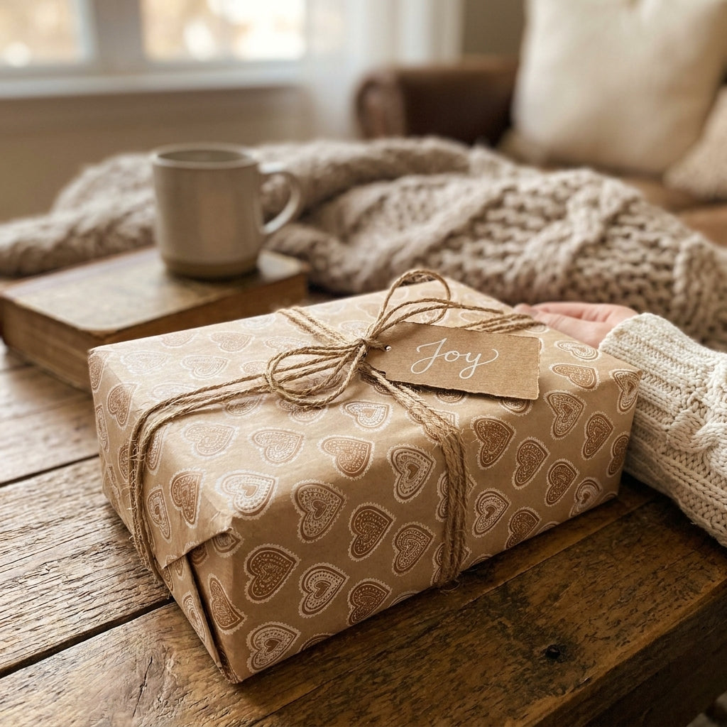 Rustic heart wrapping paper on a cozy gift tied with twine and a Joy tag, by Wrapped Studios.