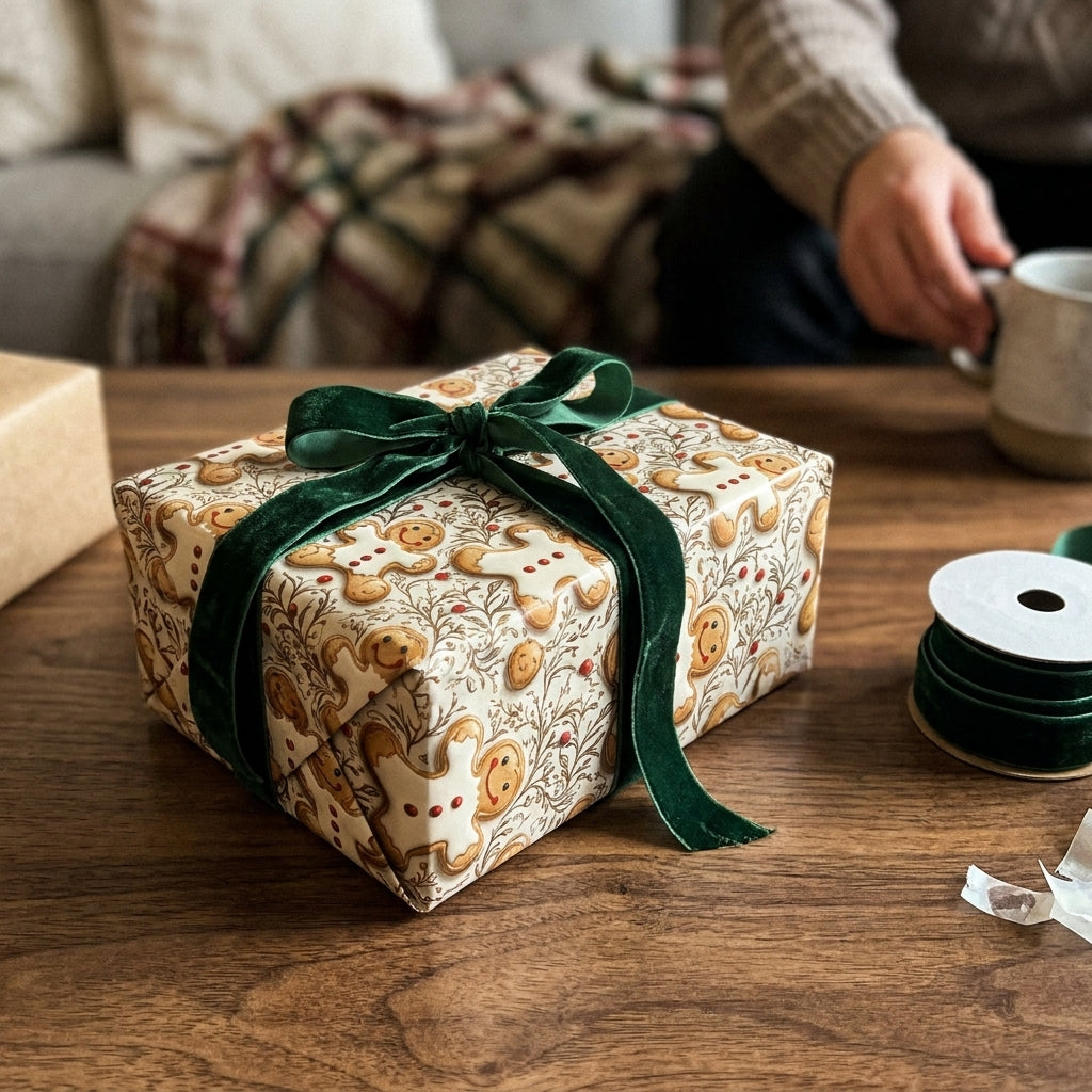 Gingerbread Christmas wrapping paper with a green velvet bow on a holiday gift box, by Wrapped Studios.