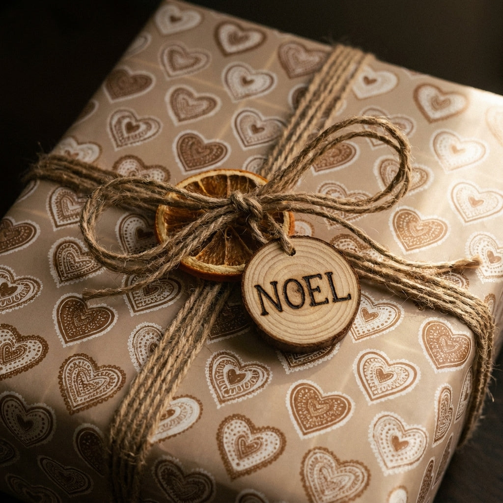 Rustic heart pattern Christmas gift wrap with a twine bow and wooden Noel tag by Wrapped Studios.