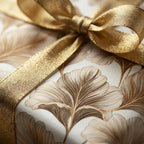 Luxury gold ginkgo leaf wrapping paper with a metallic bow for elegant gifts, Wrapped Studios.