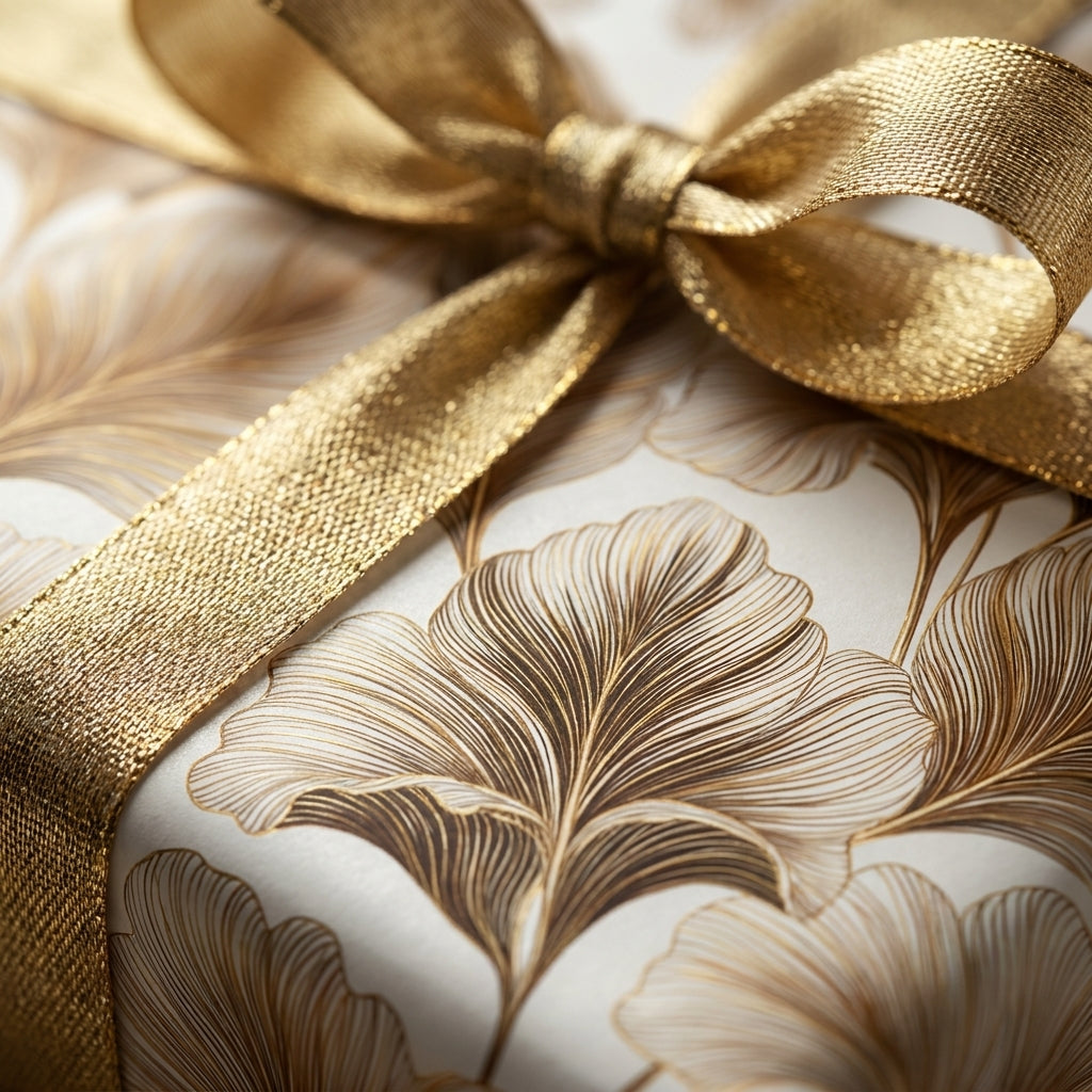 Luxury gold ginkgo leaf wrapping paper with a metallic bow for elegant gifts, Wrapped Studios.
