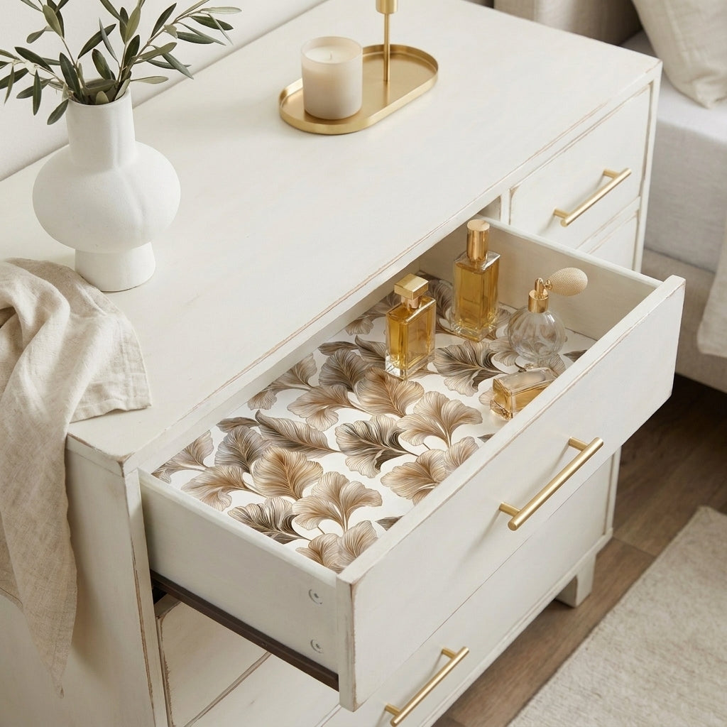 Gold botanical ginkgo leaf wrapping paper lining a white dresser drawer by Wrapped Studios.