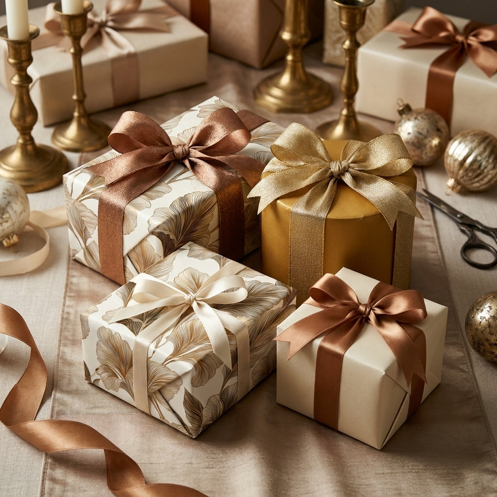 Elegant gold holiday wrapping paper with ginkgo leaf patterns and satin bows by Wrapped Studios.