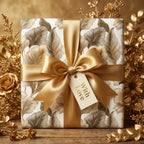 Luxury gold botanical wrapping paper with a satin bow and "With Love" gift tag by Wrapped Studios.