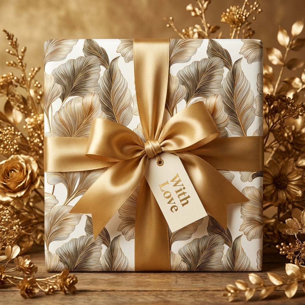 Luxury gold botanical wrapping paper with a satin bow and "With Love" gift tag by Wrapped Studios.