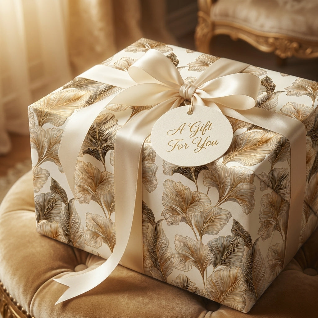 Elegant gold botanical wrapping paper with cream satin bow on luxury gift box by Wrapped Studios.