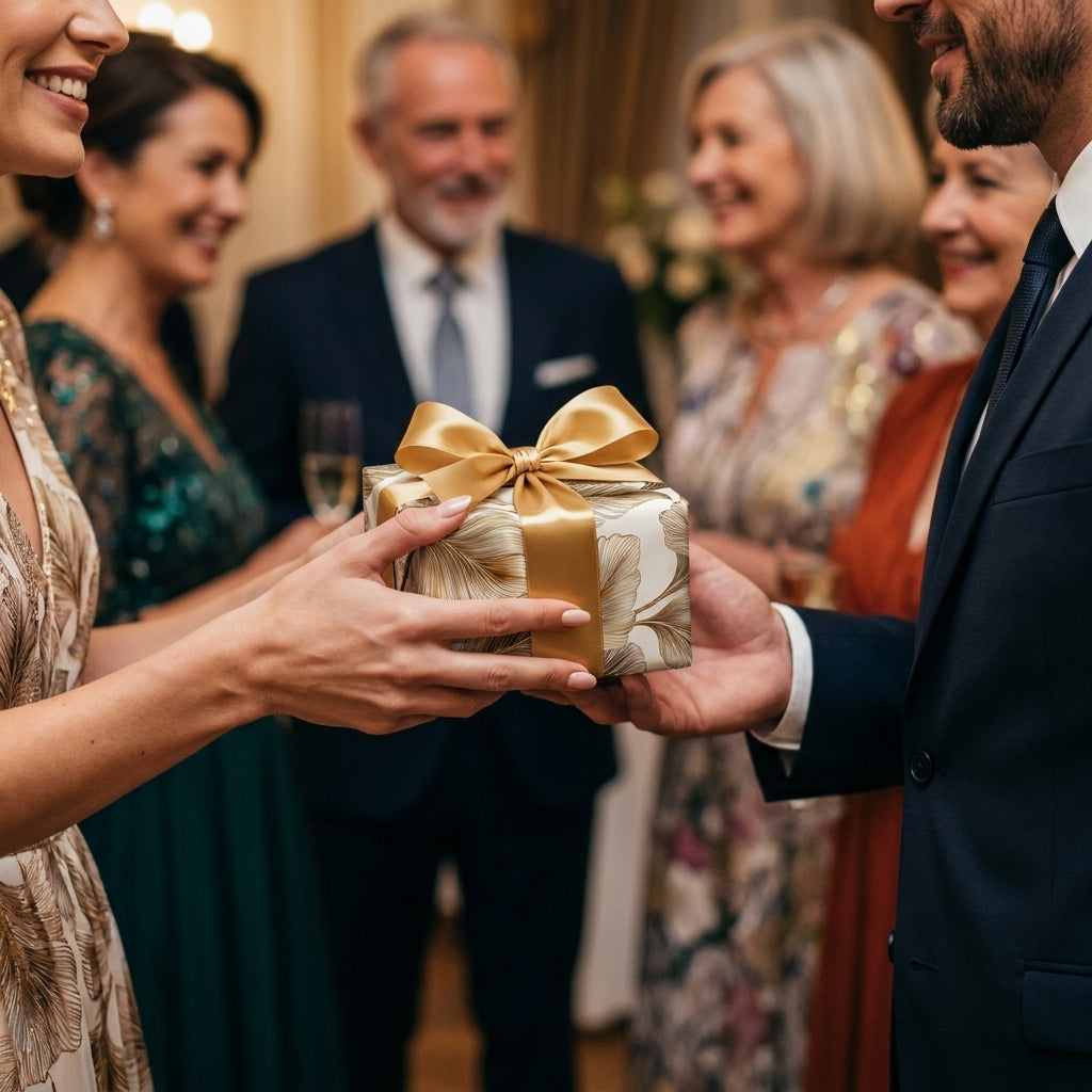 Exchanging a gift in luxury gold floral wrapping paper with satin bow by Wrapped Studios.