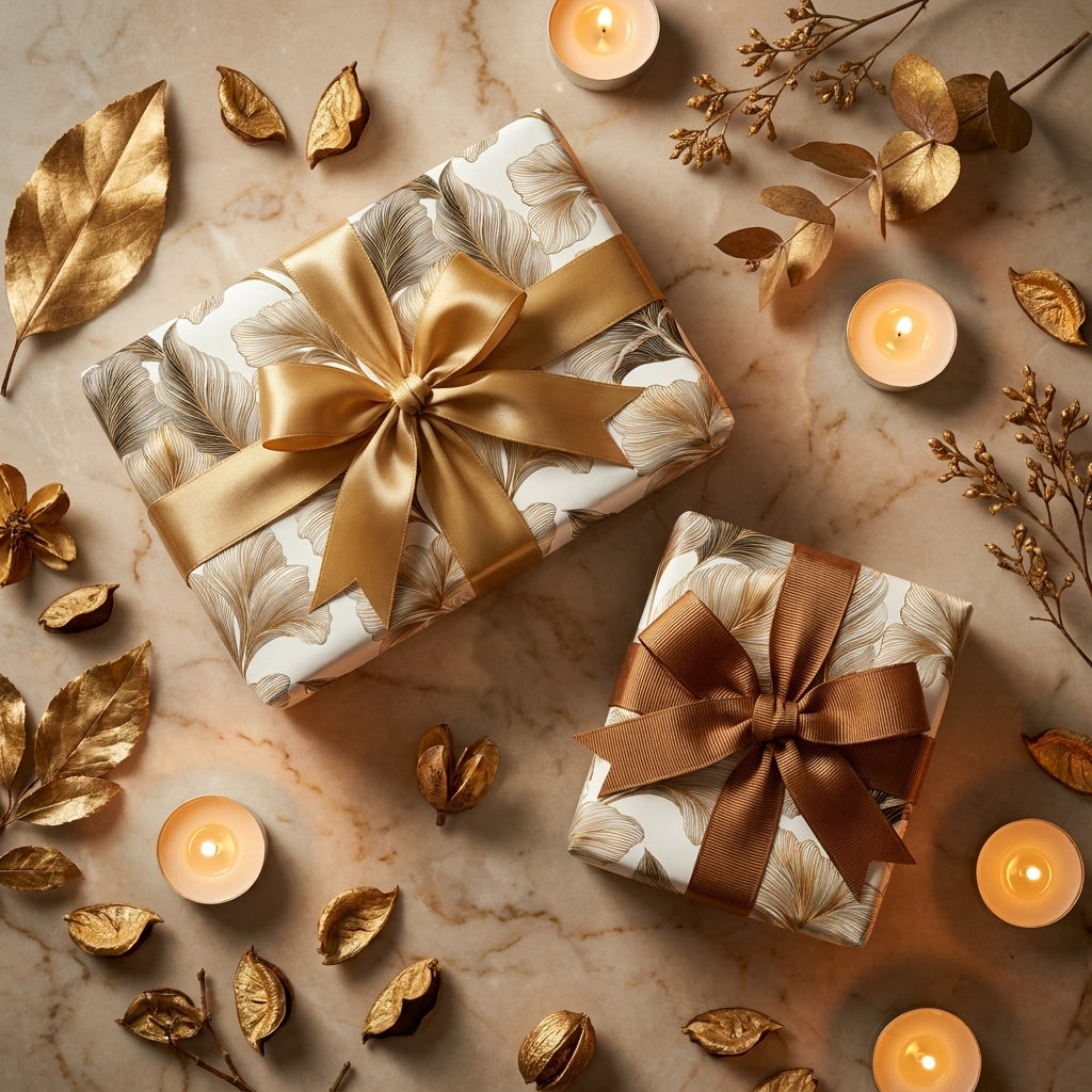 Luxury gold botanical wrapping paper with elegant ribbons by Wrapped Studios.