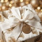 Luxury gold leaf wrapping paper with a white bow and Wrapped Studios tag on a festive gold bokeh background.