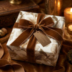 Luxury gold floral wrapping paper with a brown velvet bow by Wrapped Studios.