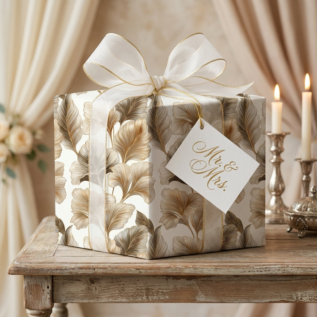 Elegant gold ginkgo leaf wedding wrapping paper with a sheer bow and Mr. & Mrs. tag by Wrapped Studios.