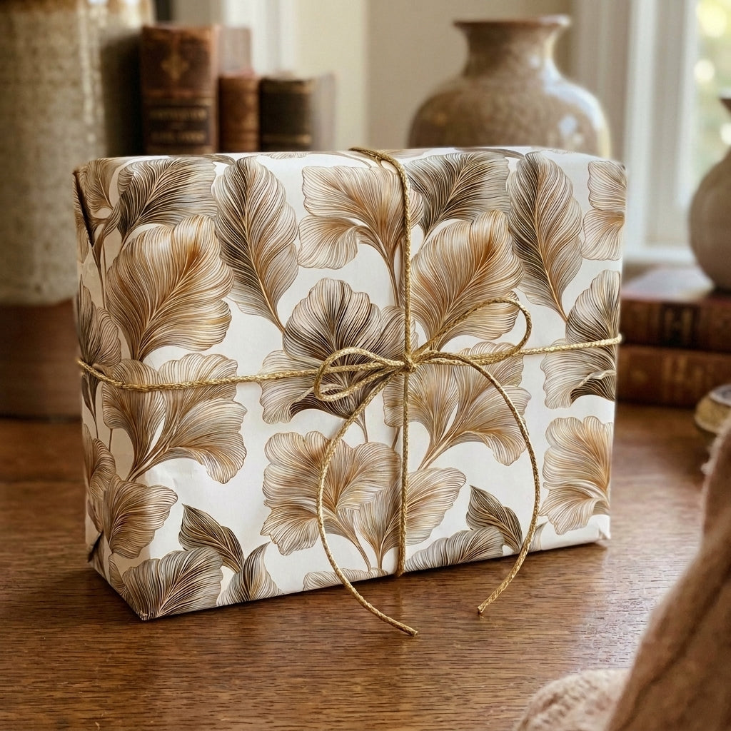 Luxury botanical wrapping paper with gold ginkgo leaves and gold string bow, by Wrapped Studios.
