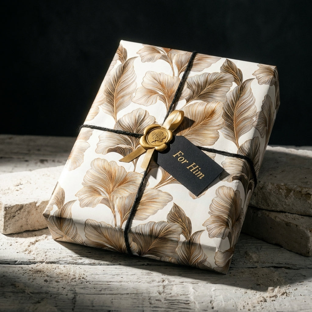Elegant botanical wrapping paper with gold ginkgo leaf design and a 'For Him' tag by Wrapped Studios.