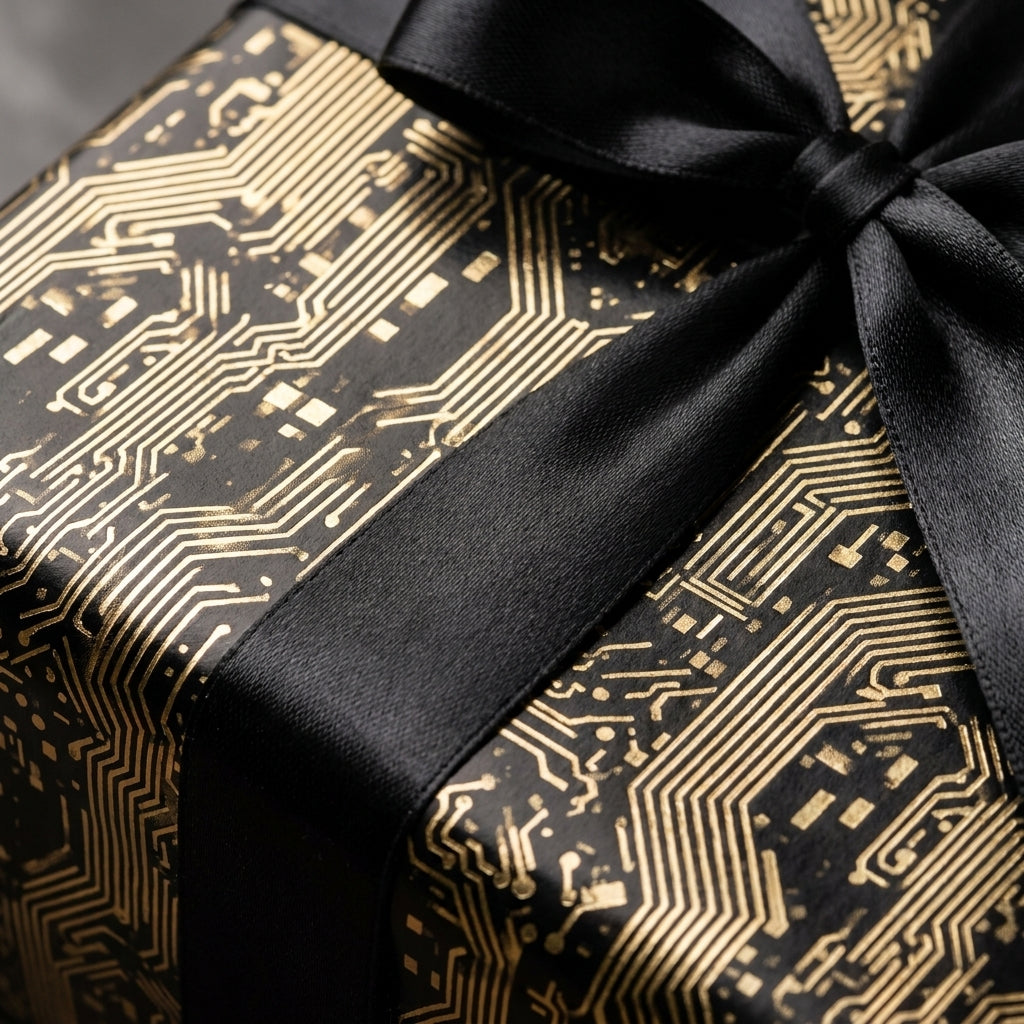 Black and gold circuit board tech wrapping paper with a luxury satin bow by Wrapped Studios.
