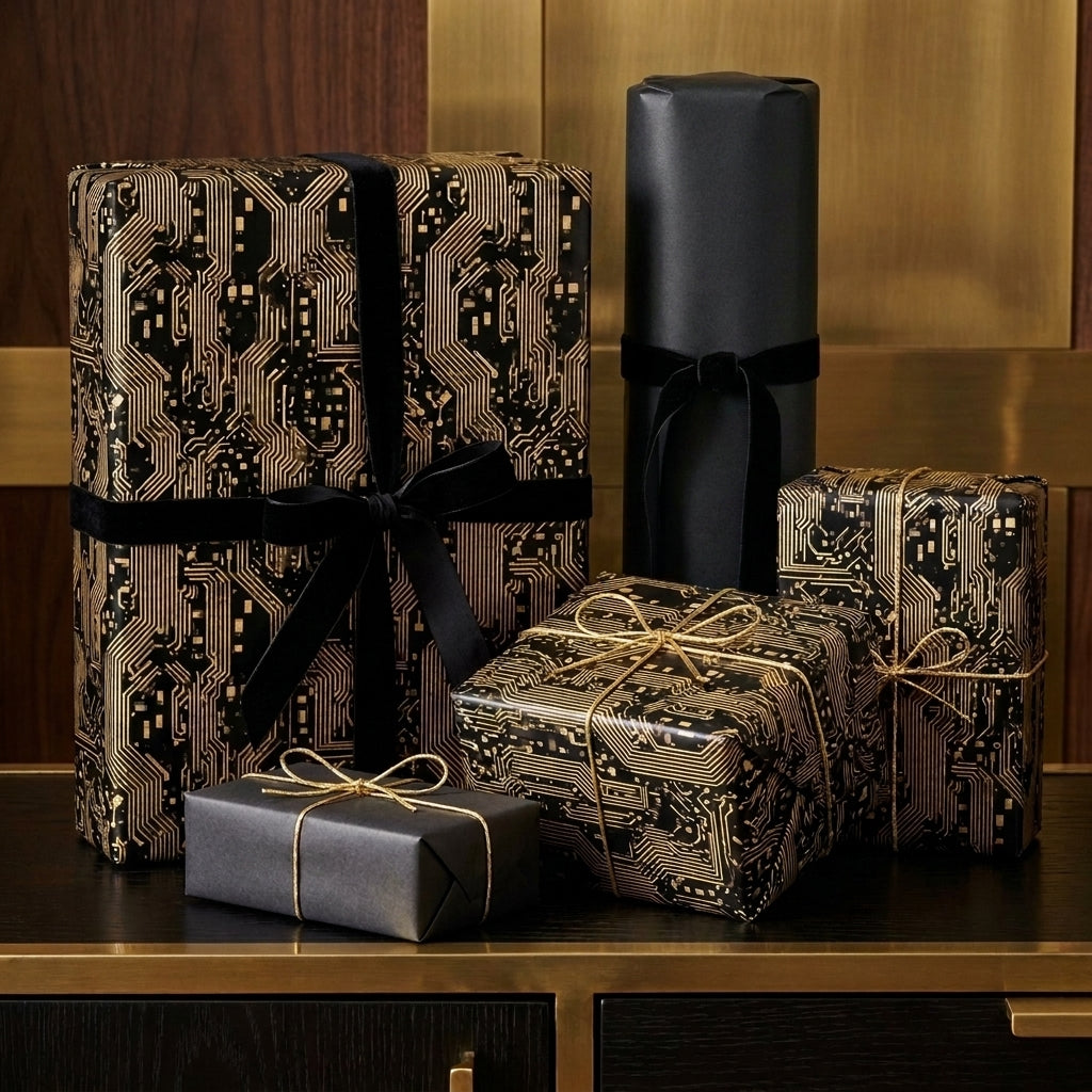 Luxury black and gold circuit board wrapping paper with velvet ribbons by Wrapped Studios.