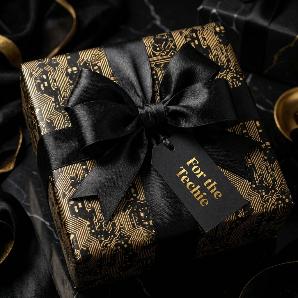 Luxury black and gold tech circuit board gift wrap with a satin bow by Wrapped Studios.