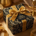 Luxury gold and black circuit board birthday wrapping paper with a velvet bow by Wrapped Studios.