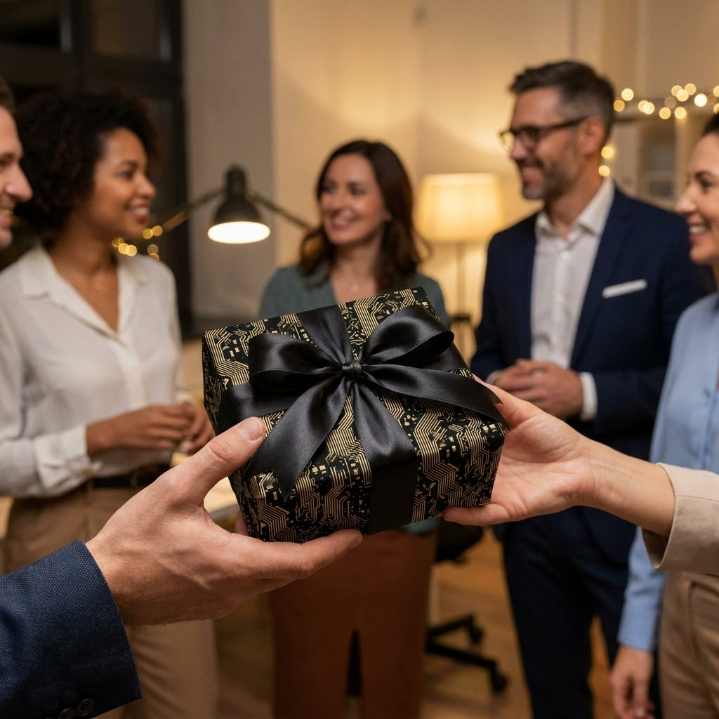 Black and gold circuit board wrapping paper with satin bow at an office gift exchange by Wrapped Studios.