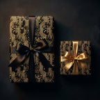 Black and gold circuit board wrapping paper on luxury gift boxes by Wrapped Studios.