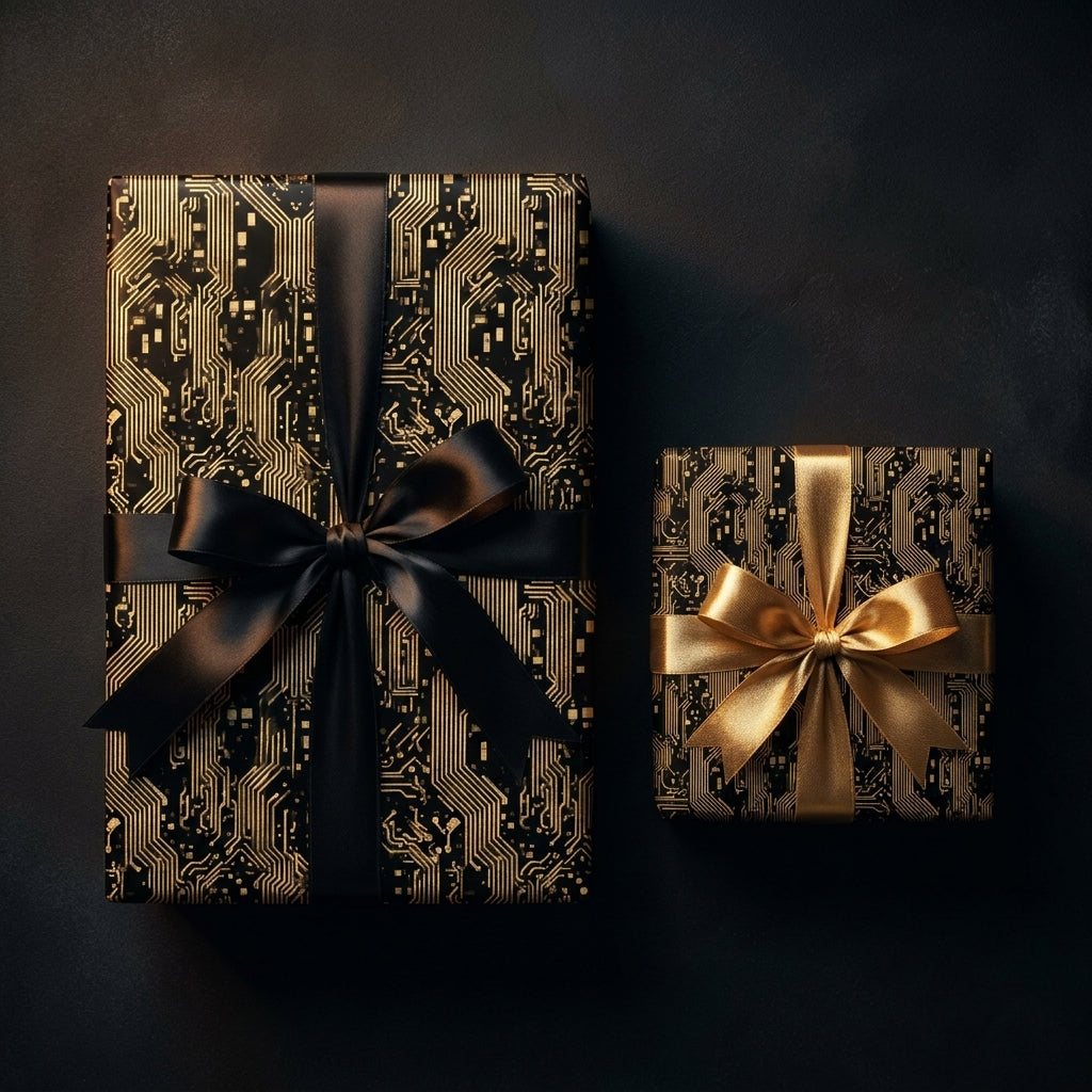 Black and gold circuit board wrapping paper on luxury gift boxes by Wrapped Studios.