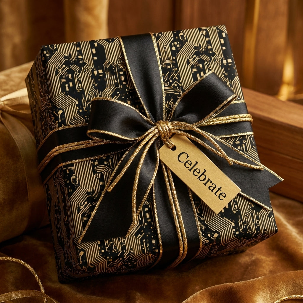 Luxury black and gold circuit board wrapping paper with ribbon and Celebrate tag by Wrapped Studios.