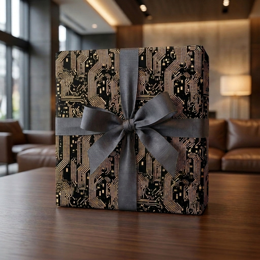 Tech circuit board wrapping paper in black and gold with a grey ribbon by Wrapped Studios.
