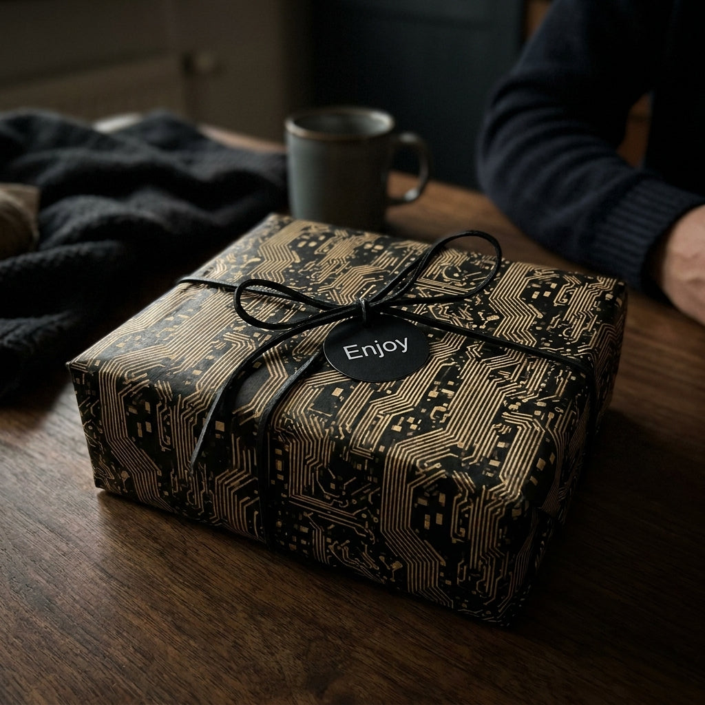 Black and gold circuit board wrapping paper by Wrapped Studios, tied with a black cord and 'Enjoy' tag.