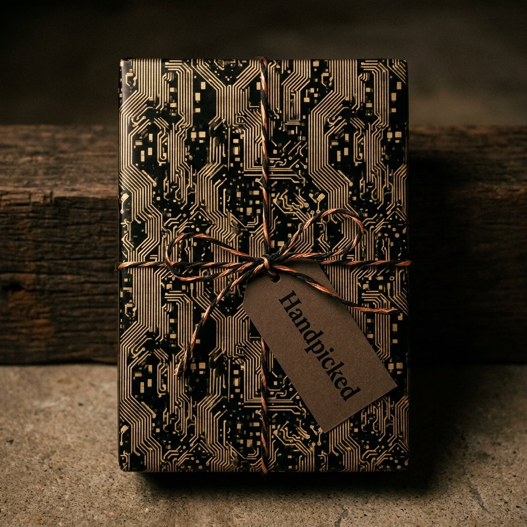 Geeky circuit board gift wrap in black and gold with a rustic twine bow, by Wrapped Studios.