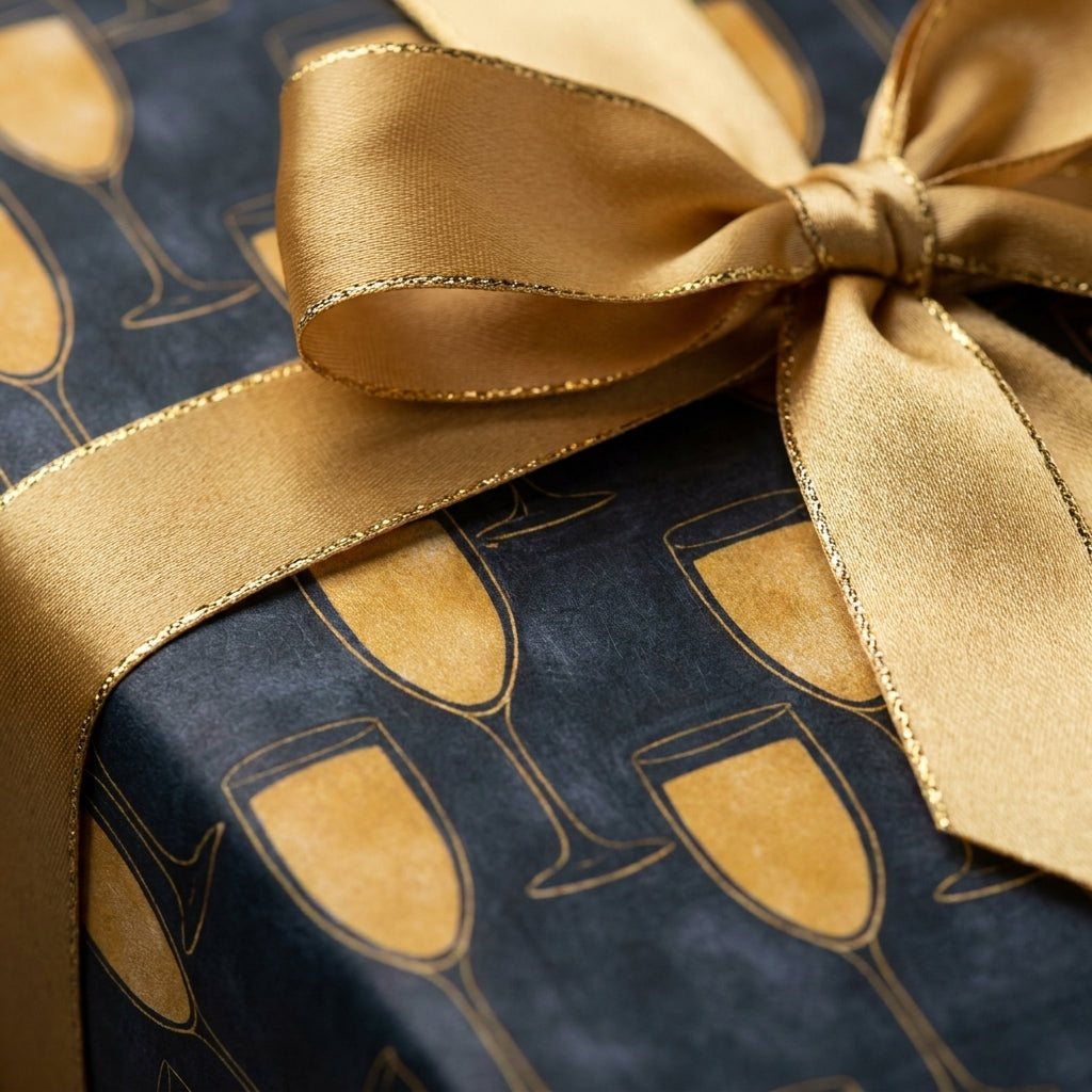 Luxury black and gold champagne wrapping paper with a satin ribbon bow, by Wrapped Studios.
