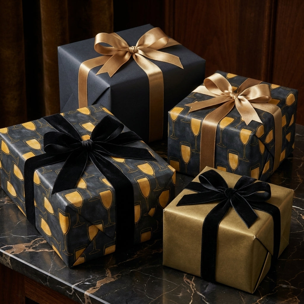 Luxury black and gold champagne glass wrapping paper with velvet bows by Wrapped Studios.