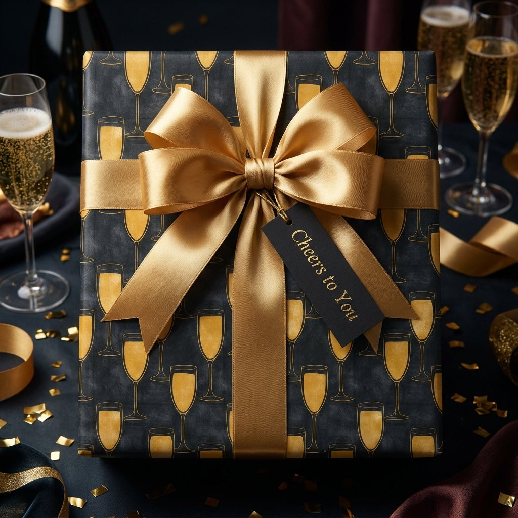 Luxury black and gold champagne wrapping paper with a large satin bow by Wrapped Studios.