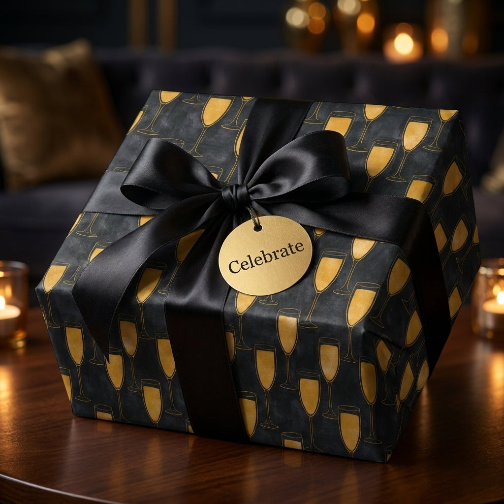 Luxury black and gold champagne celebration wrapping paper with a satin bow by Wrapped Studios.