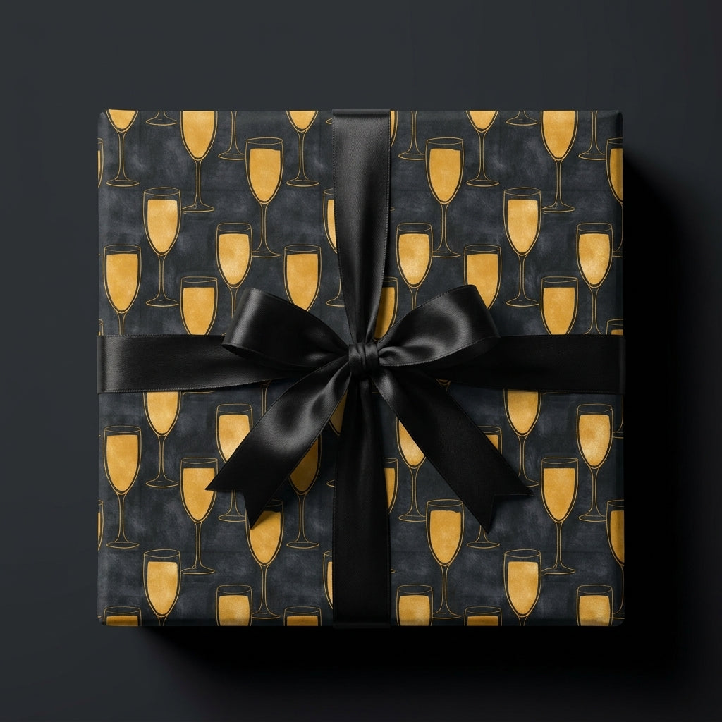 Luxury gold champagne glass wrapping paper with a black satin bow, by Wrapped Studios.