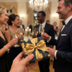 Luxury navy and gold champagne wrapping paper with a satin bow at a formal holiday party by Wrapped Studios.