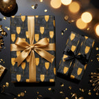 Luxury black and gold champagne wrapping paper with satin bows for New Year's Eve by Wrapped Studios.