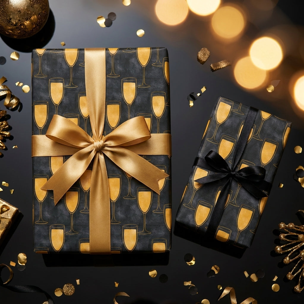 Luxury black and gold champagne wrapping paper with satin bows for New Year's Eve by Wrapped Studios.