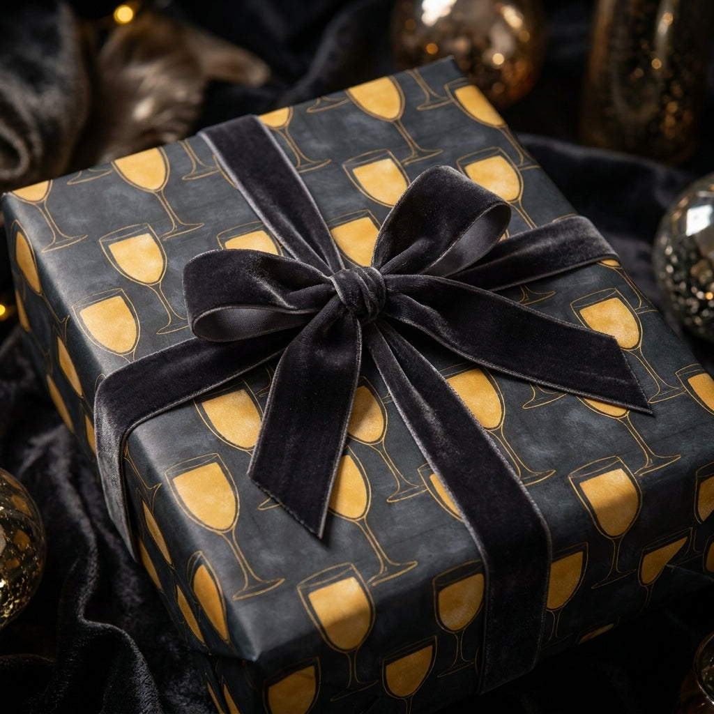 Luxury champagne gift wrap in black and gold with a velvet bow by Wrapped Studios.