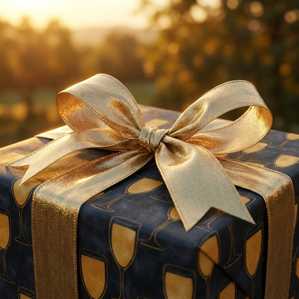 Elegant champagne wrapping paper with a luxury gold bow by Wrapped Studios, perfect for New Year's Eve.