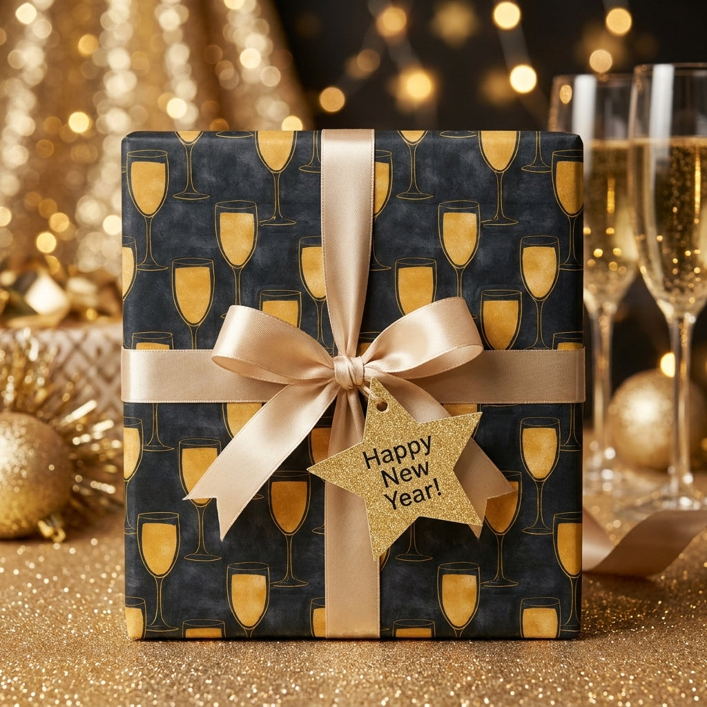 Luxury New Year wrapping paper with gold champagne glasses and a satin bow, from Wrapped Studios.