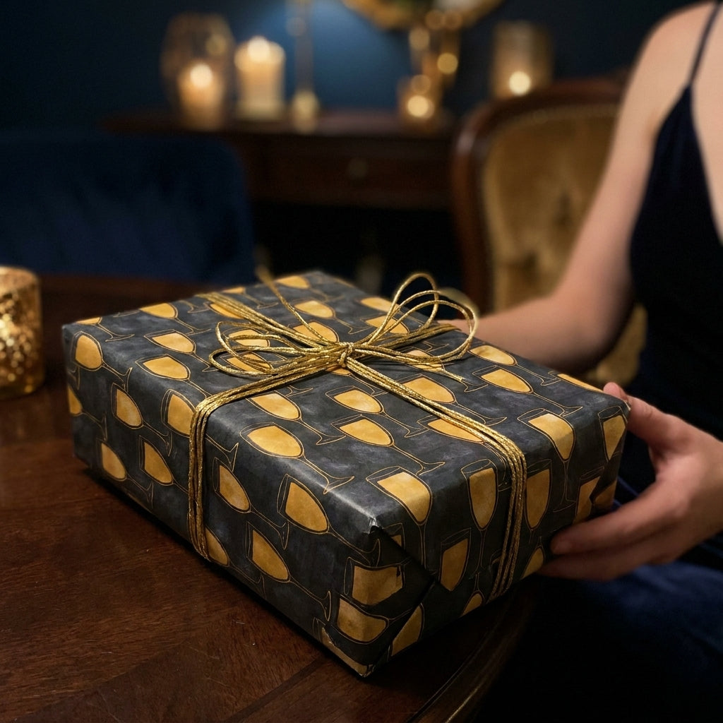 Elegant black and gold champagne glass wrapping paper with a gold string bow, by Wrapped Studios.