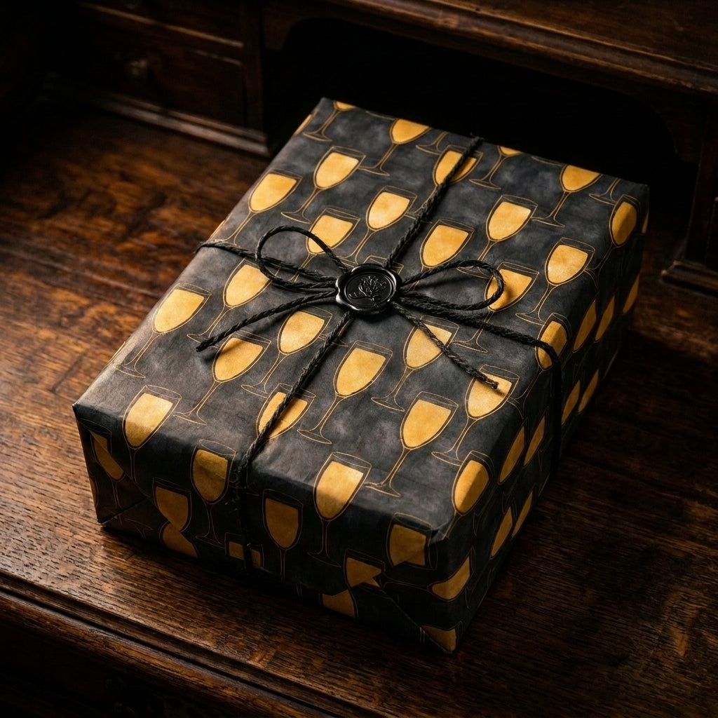 Luxury champagne gift wrap with gold glasses on black box with twine and wax seal by Wrapped Studios.