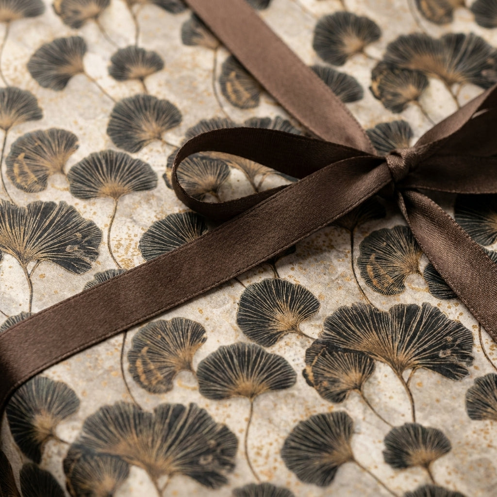 Luxury ginkgo leaf wrapping paper with a brown satin bow, elegant botanical gift wrap by Wrapped Studios.